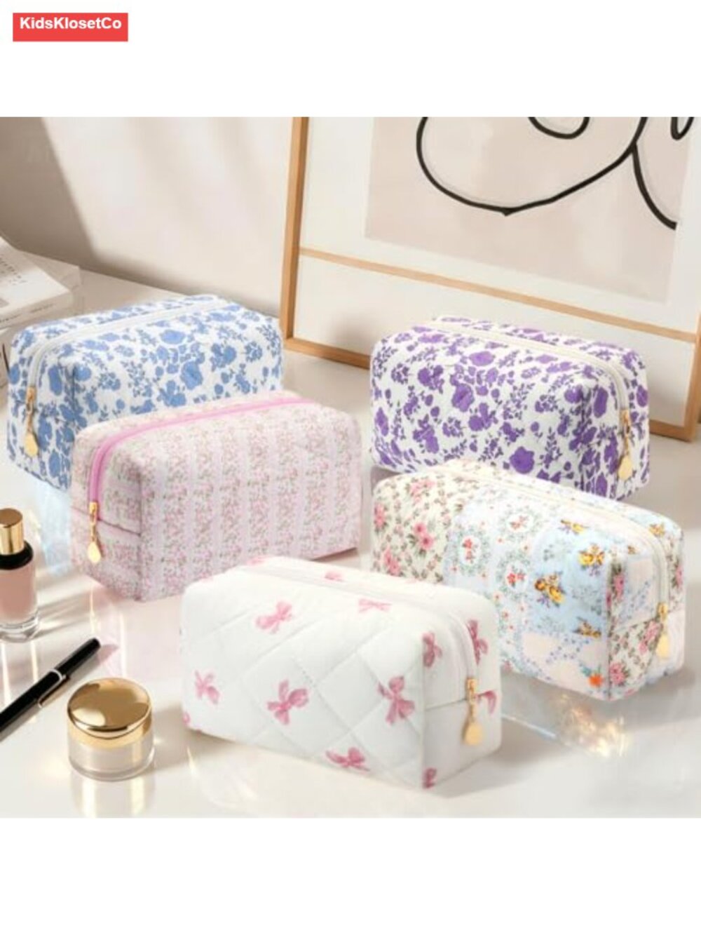 Quilted Cosmetic Bag Small Travel Toiletry Pouch Cotton Makeup Bag Zipper - Picture 6 of 6